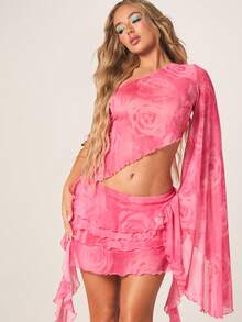 MISSGUIDED Women's Hot Pink Rose Print Mesh Long Sleeve One Shoulder Crop Top With Ruffle Hem Detail And Rhinestone Embellishments - Pink - View 1