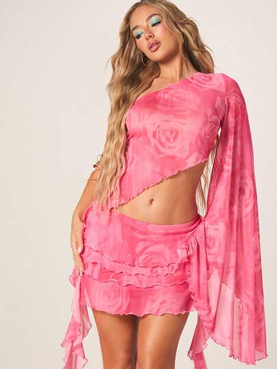 MISSGUIDED 女士亮粉色玫瑰印花网纱长袖单肩露脐上衣，饰有荷叶边下摆和水钻