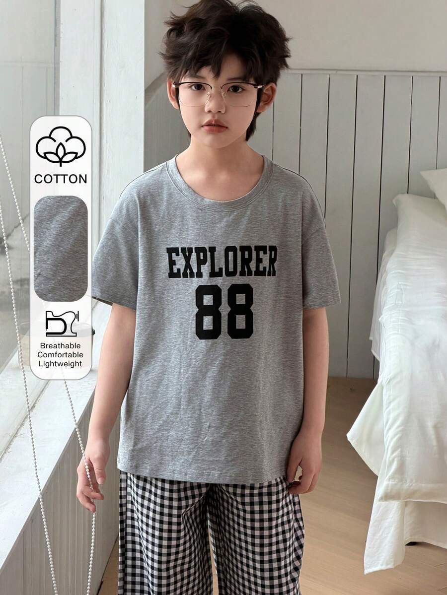 DAZY 男童字母数字印花短袖上衣和格子印花长裤睡衣套装（夏季款） - 灰色 - 查看 1