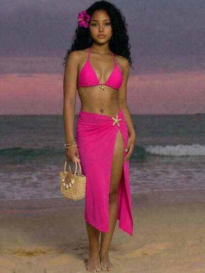 SHEIN 3件套少女纯色挂脖金属装饰比基尼上衣、下装和裙子泳装套装，夏季沙滩装，泳衣