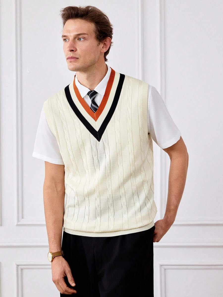 Officeau 男士学院风拼接麻花针织V领毛衣背心 - 杏色 - 查看 1