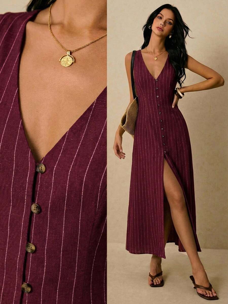 Poéselle Vestido casual de mujer con cuello en V de una sola hilera y sin mangas a rayas - Burdeos - Ver 1