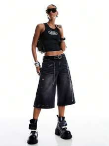 LYSMO Quần short denim ống rộng, túi xéo, phong cách thường ngày, thời trang mùa hè dành cho nữ. - màu đen - Xem 4
