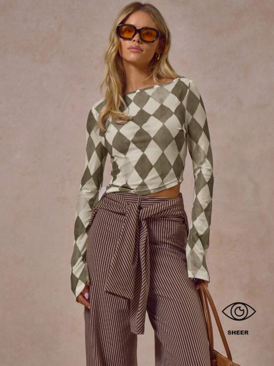 MUSERA Diamond Print Mesh Asymmetric Hem Long Flared Sleeve Top  Cool Streetwear Going Out Casual Everyday New Retro Spring Summer Holiday - Multicolor - View 1