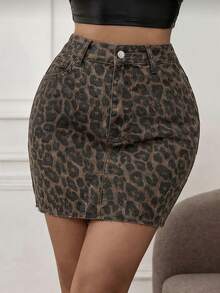 SHEIN ICON 女士休闲豹纹牛仔迷你裙，夏季 - 彩色 - 查看 1