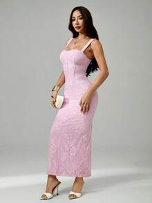 SHEIN PETITE New Summer Women's Sexy S-Shaped Lace Long-Sleeved Bra With Fishtail Straps And A Pink Bodycon Dress For Parties, Dates, And Evenings. - Pink - View 5