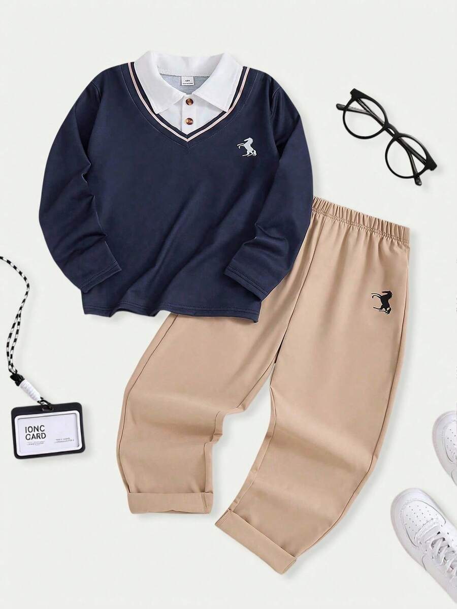 SHEIN Explorewe 2 peças/Conjunto Top Polo Marinho de Gola Polo e Calça Reta Cáqui de Estilo Preppy Bordada para Meninos Pré-Adolescentes, Adequado para Uso Diário, Retrô Universitário, Streetwear Esportivo, Volta às Aulas, Primavera e Outono - Caqui - Visão 1
