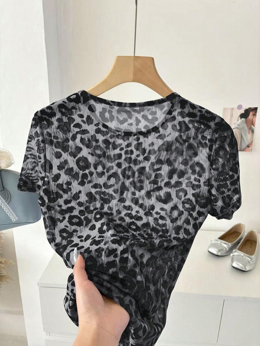 SHEIN LUNE 豹纹网纱圆领休闲通勤优雅修身女式衬衫 - 灰色 - 查看 1