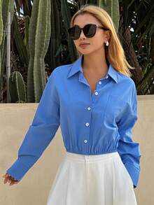 DAZY Blouse ample à manches longues et col plissé, couleur unie, décontractée, pour les vacances, pour l'été - Bleu azur - Voir 5