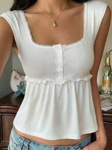 SHEIN EZwear Áo thun nữ mùa hè màu trắng dệt kim cài nút viền bèo nhún kiểu dáng thường ngày - trắng - Xem 10