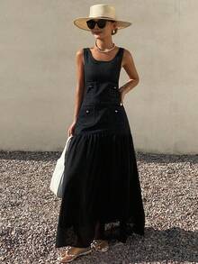 Women's Summer Sleeveless Scoop Neck Mesh Patchwork Long Denim Dress - Dark Wash - View 6