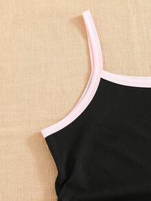 SHEIN Summer Tops Tween Girls' Pink Patchwork Black Camisole, Casual All-Match Versatile, Suitable For Daily Wear, School, Travel And Outings Summer - Black - View 6