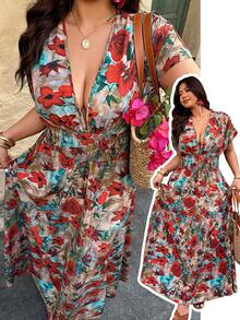 EMERY ROSE 大码女式碎花深V领短袖休闲连衣裙，随机印花 - 彩色 - 查看 5