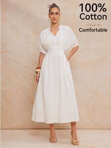 Lumalex Đầm dài đến mắt cá chân xòe rộng, tay lửng, chất liệu 100% cotton, thoải mái, có túi, dành cho nữ. - trắng - Xem 13