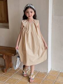 DAZY Tween Girls' Solid Color Round Neck Pleated Casual Loose Dress Summer - Khaki - View 3