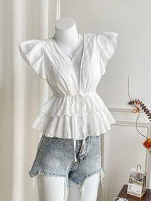 Elamini Sweet Romantic Pure Mori Girl Cute Casual Vacation Home Date Street School Party Ruffle Trim V-Neck Embroidered A-Line Cotton Blouse Top, Spring/Summer - White - View 4