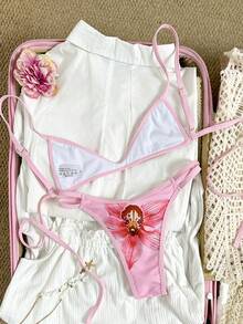 Swim Mod 两件套特制面料抹胸比基尼套装，配三角泳裤，时尚性感泳装 - 粉色 - 查看 4