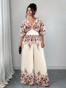 Elenzga Women's Printed Deep V Neck Batwing Sleeve Pleated Elegant Jumpsuit Business Casual Summer Women Outfit Western Wear - Multicolor - View 3