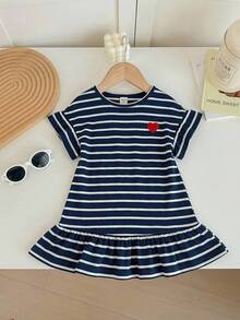 SHEIN Baby Girl Cute Knitted Striped Heart Pattern Short Sleeve Dress, Spring/Summer - Royal Blue - View 2