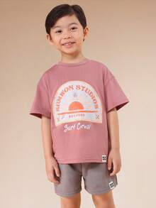 SUMWON Boys Oversized Pink Surf Crew Graphic T-Shirt And Grey Shorts Summer Co-Ord Set With Mixed Text Print - Multicolor - View 3
