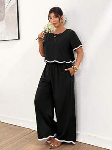 Lounesse Plus Size Women Loose Casual Round Neck Short Sleeve Shirt And Wide Leg Pants 2 Pieces Set - Black - View 5