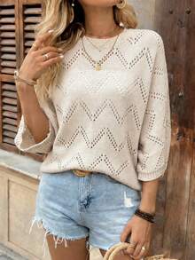 Breezaya Casual Loose Bat-Wing Hollow Out Crew Neck Knitted Top For Women, Apricot, Sprng/Autumn, Spring Outfit Women Summer Tops Summer Outfits For Women Casual Tops For Women Summer Holiday Outfits Beach Vacation Outfits For Women Apricot Top Women's Tops And Blouses Knitted Blouse For Women Pull Overs For Ladies Latest Tops For Women New Arrivals Summer Sweaters For Women Knitted Cover Up Top Summer Jumpers For Women Light Weight Sweaters For Women Elegant Knit Blouse Knit Blouse For Women - Apricot - View 5