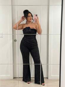 SHEIN BAE Plus Size Elegant Tube Greta Jumpsuit,Shimmering Tulle Black,Summer Long Jumpsuit For Wedding,Night Out Club - Black - View 3