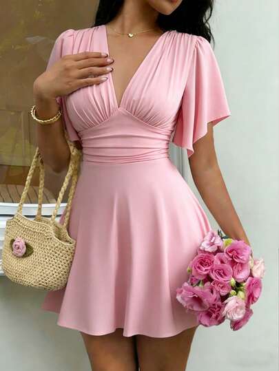 Elenzga New Women V-Neck Ruched Bust Flare Sleeve Cinched Waist Waist Elegant Mini Dress, Slimming & Flattering