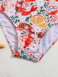SHEIN Playful Pals 少女夏季海滩度假风植物、水果、虾印花连体泳衣 - 彩色 - 查看 5