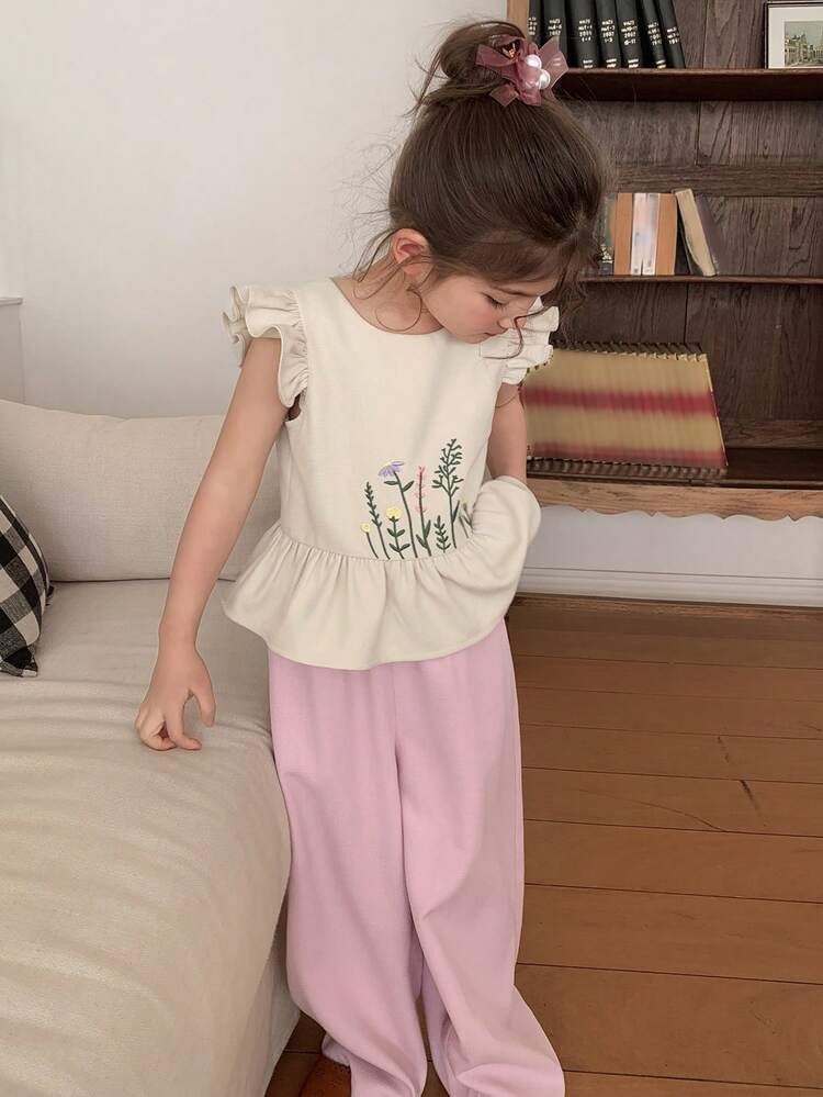 Young Girl Floral Print Round Neck Cap Sleeve Shirt And Pants Casual Outfit Summer