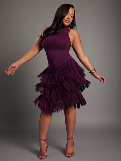 NYA SZN Dress Plus Sleevless Turtle Neck Fringe Detail Fitted Bodycon Rib Knit Knitwear Stretch Special Occasion Vacation Wedding Going Out Airport Cute Old Money Fall Winter Suitable For Commuting Outfits For Women