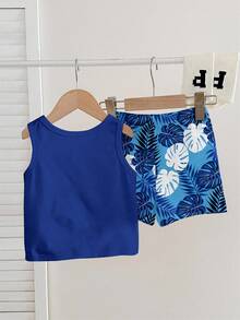 SHEIN Conjunto informal y cómodo para bebé niño, adecuado para primavera y verano, con texto clásico de surf y estampado gráfico, así como estampado clásico de palmeras tropicales, apropiado para la playa y las vacaciones - Multicolor - Ver 2
