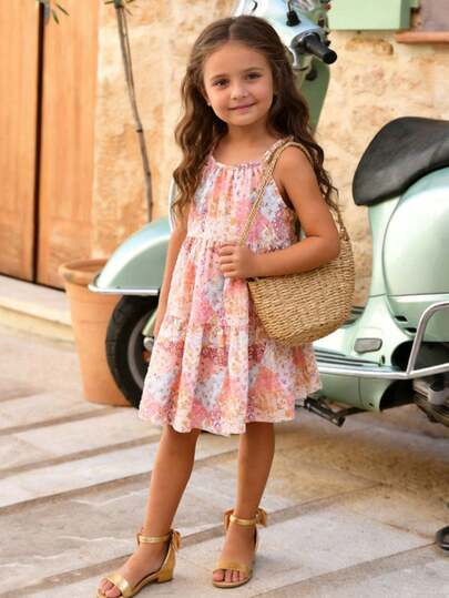 Emery Rose Kids Vestido casual de verano con cuello halter y estampado floral pequeño para niña
