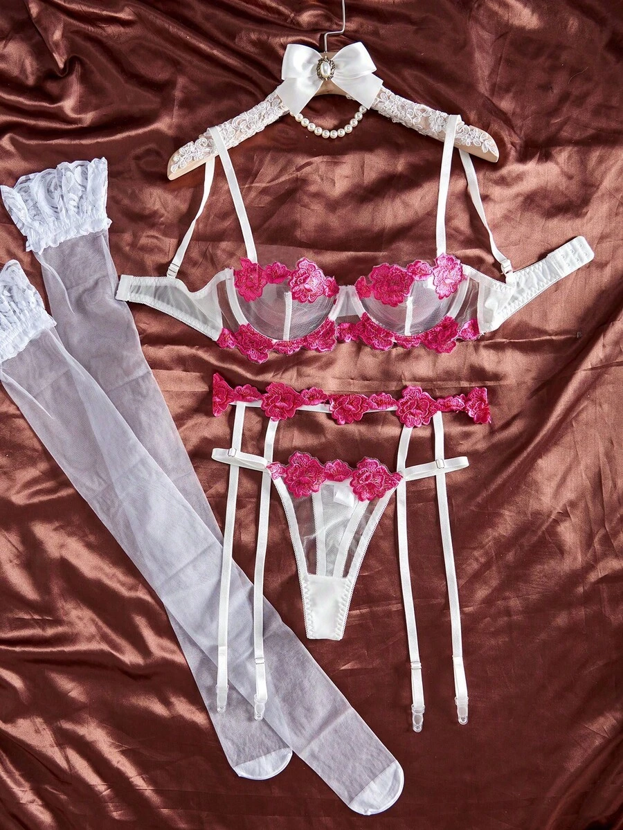 SHEIN Bộ đồ lót gợi cảm có gọng thêu hoa lưới khi đi chơi - Nhiều màu - Xem 1
