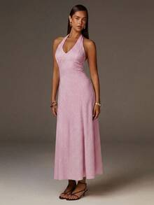 Athîral Women's Polka Dot Halter Neck Long Dress, Suitable For Summer Dates And Parties - Baby Pink - View 6