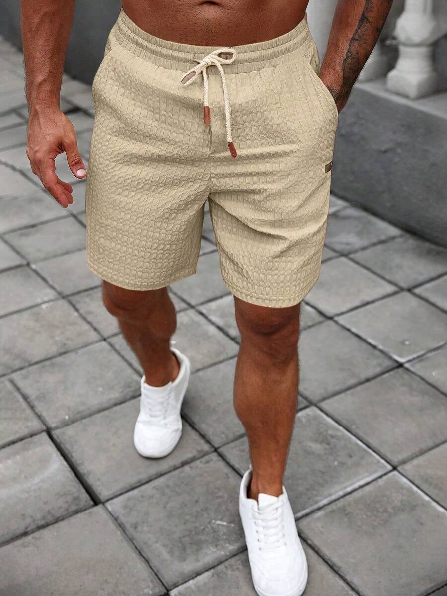 Manfinity Homme Men's Solid Color Drawstring Waist Pocket Casual Versatile Shorts - Khaki - View 1