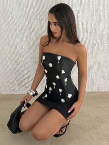 SHEIN BAE 性感水钻花卉装饰抹胸露脐上衣，优雅适合派对、约会之夜、乡村音乐节、夜店等场合，闪亮夏季上衣，正式场合，时尚吊带背心 - 黑色 - 查看 6