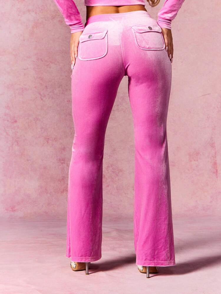 BABYPHAT Pantalones de chándal de pierna ancha de terciopelo con texto estampado con brillo y cintura con cordón, pantalones de estar por casa de tiro alto