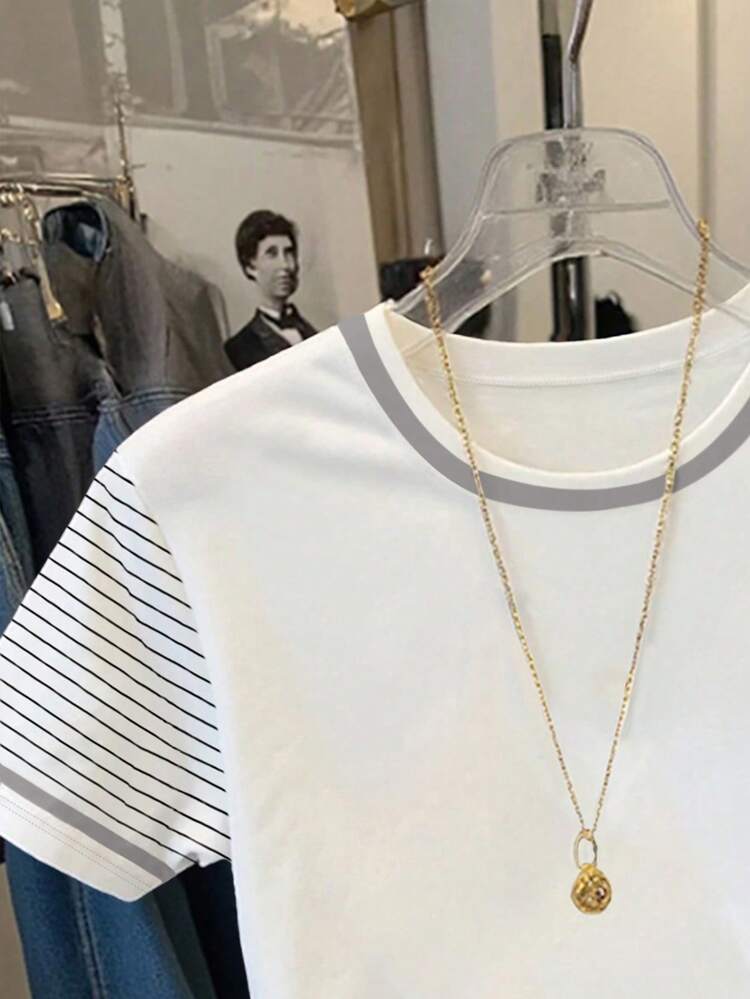 Resyla Women's Round Neck Short Sleeve Casual Striped T-Shirt, Versatile For Daily Wear, Summer - White - View 3