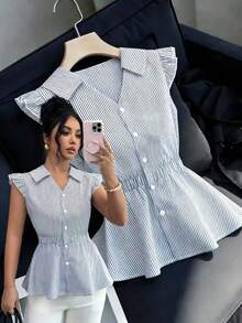 Elenzga Blusa de mujer con diseño de cuello a rayas, mangas cortas, cintura ceñida y botones. Elegante para uso diario, vacaciones, salidas y fiestas, primavera/verano - Multicolor - Ver 8