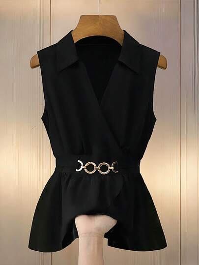 GlowEve CURVE Women's Spring/Summer Chic Black Sleeveless Collared Ruffle Hem Fitted Vest