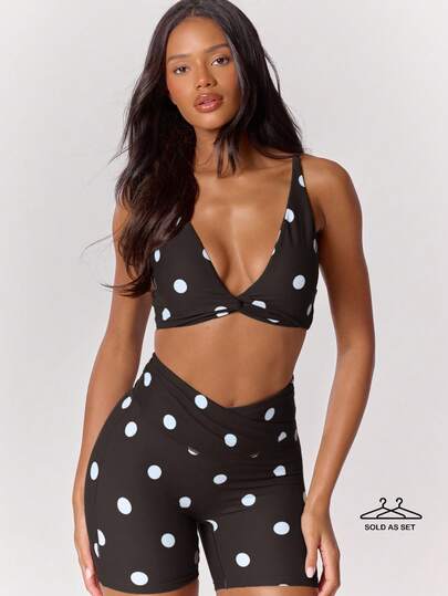 Musera Sport Polka Dot Twist Front Sports Bra And High Crossover Waistband Active Shorts Set Sport Workout Gym Cute Pilates Fitness Daily Girly Casual