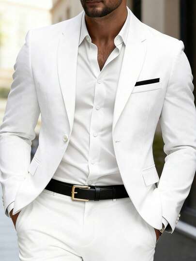 Manfinity Bizformal Chaqueta de traje de hombre de cuello de chal blanco de un solo abotonado con bolsillo