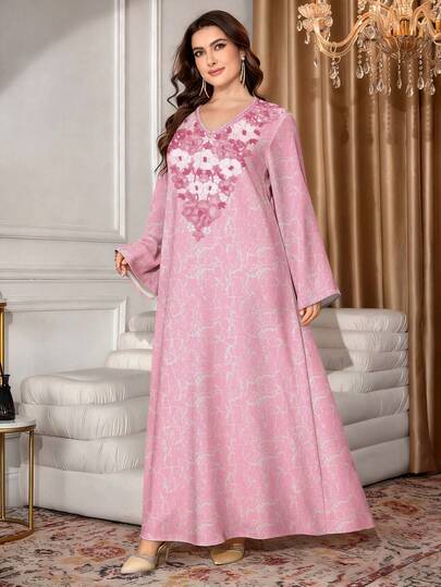 SHEIN Najma 做旧质感数码印花大码女装连衣裙，女士时尚V领长袖长款连衣裙，优雅阿拉伯风格服装，春夏长款礼服