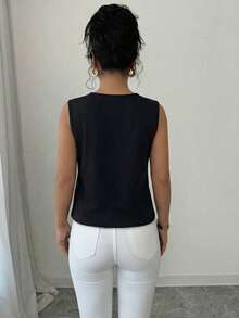 Elenzga Spring/Summer Women's Sleeveless Beaded Ruffle Hem Slim Fit Vest Top, Casual Everyday Top, Office Attire - Black - View 2