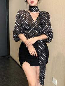 DAZY 女士波点缎带设计时尚百搭日常衬衫 - 黑色 - 查看 2