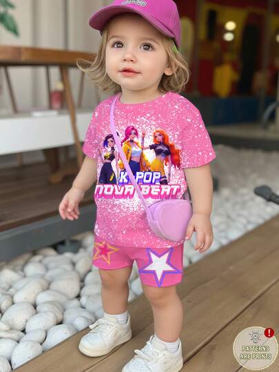 SHEIN 2pcs Baby Girl Casual Minimalist Fashion Colorful K-POP Girl Group Letter Star Print, Personalized Cool Digital 67 Pattern, Funny Six&Seven, KPOP Style Print Clothes, Colorful Cartoon Character Set, Macaron Color Gradient Tie-Dye, Korean Wave Fan Gift, Round Neck Music Fashionable Girl Children Clothing Girl Boy SK Children, Sister Matching Set, Suitable For Holidays, Parties And Daily Wear, Concerts, Round Neck Short Sleeve Shorts 2pcs Set Suitable For Summer