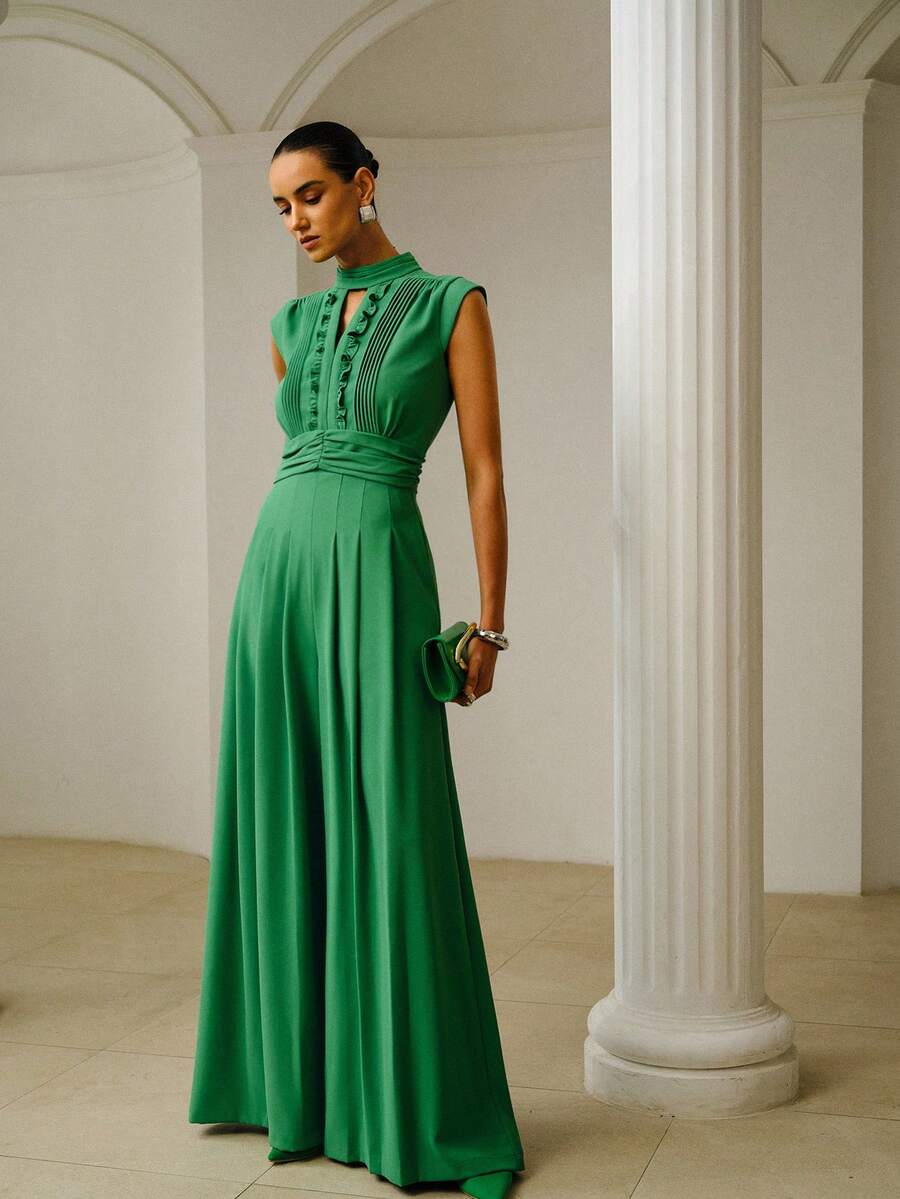 ZEYLAH Elegante mono de pierna ancha con pliegues, primavera/verano - Verde - Ver 1