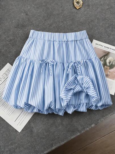 GlowEve CURVE 大码女式蝴蝶结肩带条纹印花休闲短裙