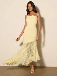COSMINA Vestido midi elegante de mujer con parches de encaje asimétrico y volantes en el bajo, adecuado para primavera, citas, fiestas, bodas - Amarillo - Ver 5